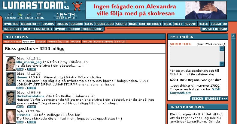 Skärmdump av gästboken år 2001